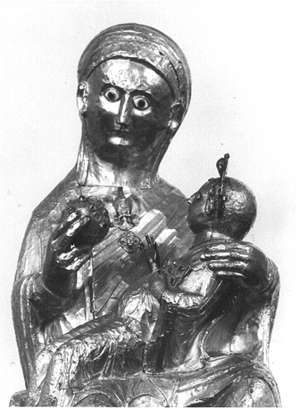 Tronende Maria met Christuskind, genoemd Goldene Madonna van Essen, detail: bovengedeelte