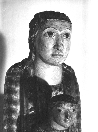 Tronende Moeder Gods met Christuskind, detail: hoofd van Maria en van Christus