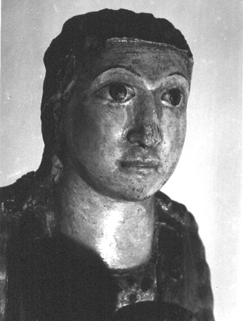 Tronende Moeder Gods met Christuskind, detail: hoofd van Maria