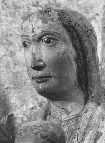 Tronende Moeder Gods, detail: hoofd van Maria