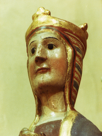 Tronende Moeder Gods, detail: hoofd van Maria (in kleur)