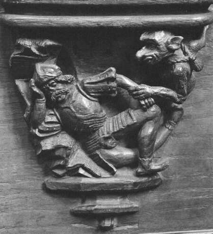 Koorbanken, detail: misericorde met slapende soldaat en fantasiebeest dat zich menselijk gedraagt