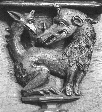 Koorbanken, detail: misericorde, fantasiebeest met twee verschillende koppen