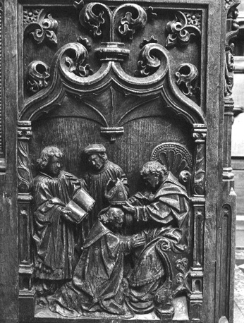 Koorbanken, detail: bisschopswijding