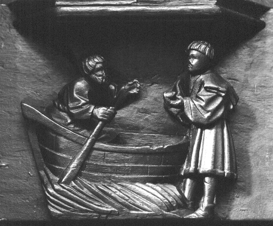 Koorbanken, detail: misericorde met de boottocht naar het dodenrijk
