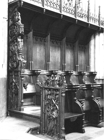 Koorbanken, noordzijde: Laatste Oordeel, heilige Lambertus, kruisiging, Johannes de Doper