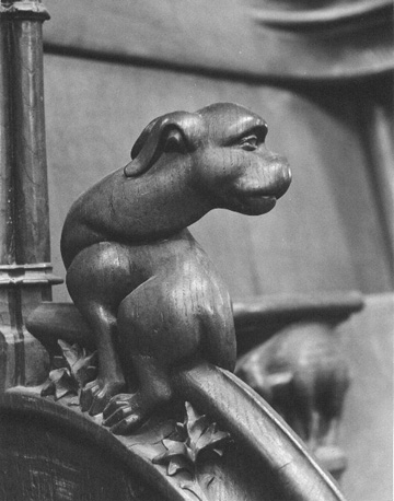 Koorbanken, detail: knop met een hond die zijn kop naar achteren wendt
