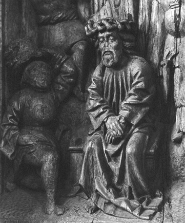 Koorbanken, detail: Christus op de koude steen