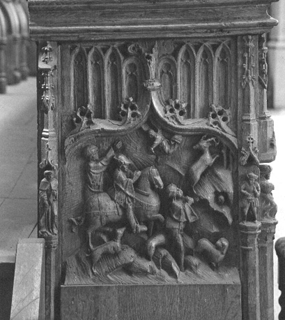 Koorbanken, detail: Sint Hubertus ziet hert met crucifix tussen gewei; engel daalt neer uit hemel