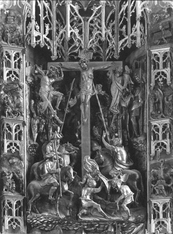 Passieretabel, detail: kruisiging van Christus met Longinus en Stephaton