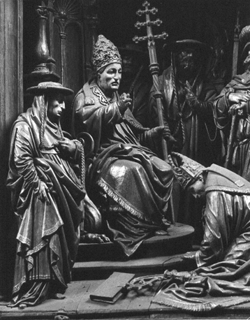 Retabel, detail van ondergedeelte: paus Clemens zendt Denis naar Parijs
