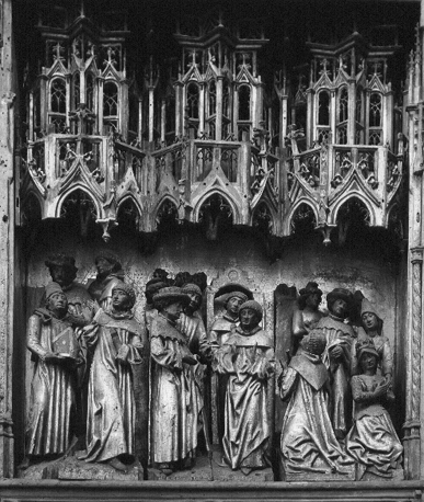 Sint Leonardus-retabel, right part: Leonardus weigert mijter; Leonardus sticht klooster; koningin Clothilda