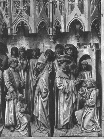 Sint-Leonardus retabel, detail linker deel: Leonardus toevertrouwd aan H. Remigius; Leonardus bevrijdt gevangene