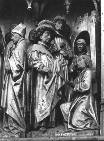Sint Leonardus-retabel, detail van linker deel: Leonardus probeert een gevangene vrij te krijgen