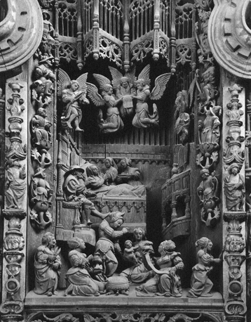Sint Anna-retabel, middenpaneel, detail: geboorte van Maria