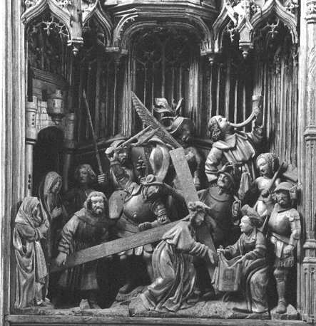 Passieretabel, detail (linker deel): kruisdraging en ontmoeting met Veronica