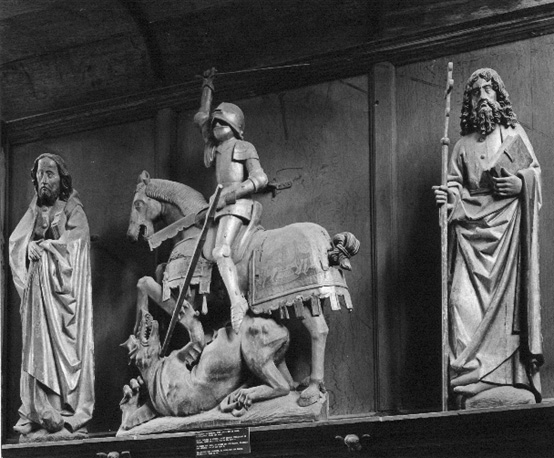 Sint Joris en de draak temidden van de apostelen Jacobus de Mindere en Philippus