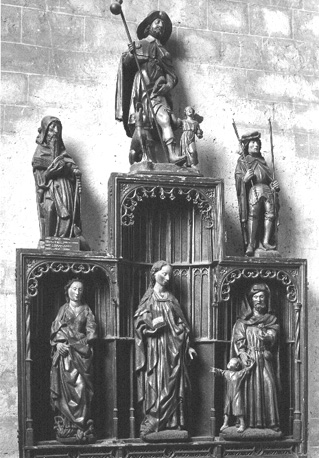 Sint Catharina-altaar: retabel met Antonius, Rochus, Sebastiaan, Catharina van Alexandrie, Maria en Jozef met Christuskind