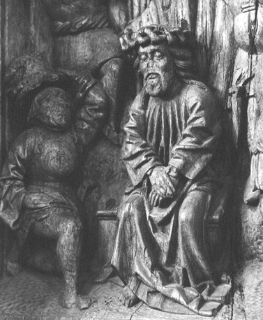 Koorbanken, detail: Christus op de koude steen