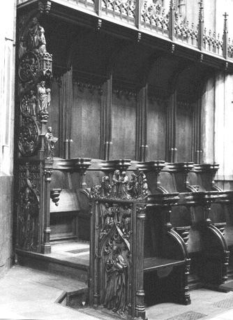 Koorbanken, noordzijde: Laatste Oordeel, heilige Lambertus, kruisiging, Johannes de Doper