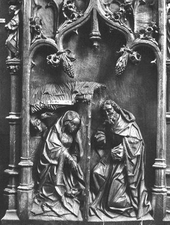 Koorbanken, detail: geboorte van Christus, op architectuurdetails gebaseerde versiering