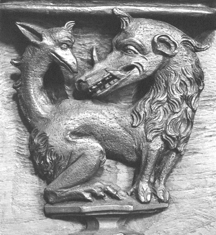 Koorbanken, detail: misericorde met fantasiebeest met twee verschillende koppen