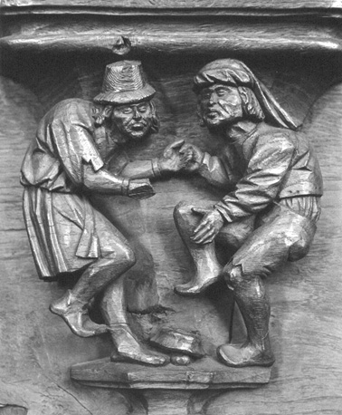 Koorbanken, detail: misericorde met twee dansende mannen