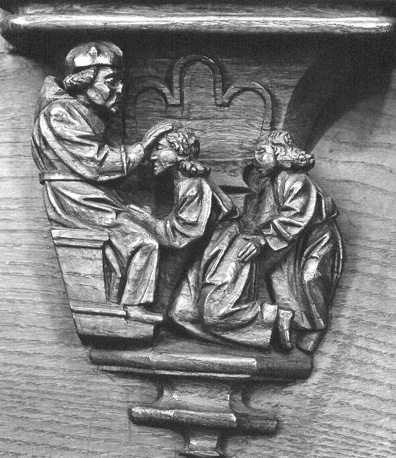 Koorbanken, detail: misericorde met Isaacs zegening van Jacob en Esau (?)