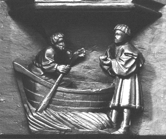 Koorbanken, detail: misericorde met de boottocht naar het dodenrijk