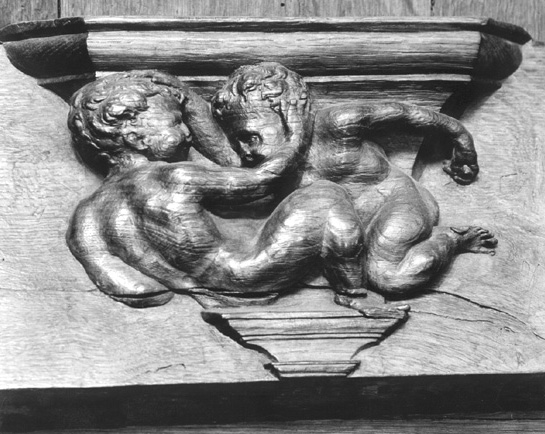 Koorbanken, detail: misericorde met twee vechtende kinderen