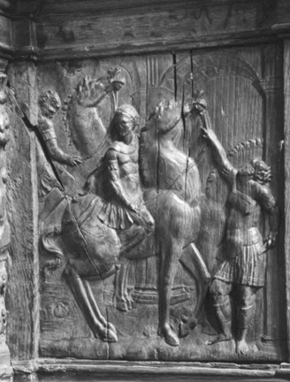 Koorbanken, detail: paneel met ruiters