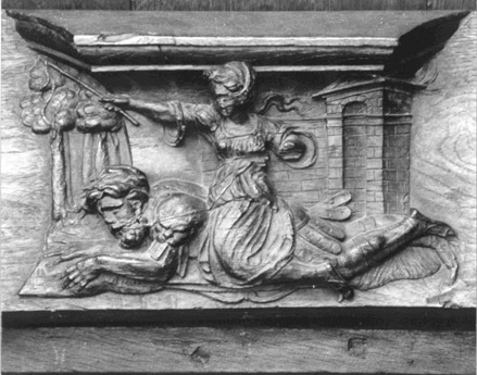 Koorbanken, detail: misericorde met Aristoteles en Phyllis