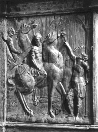 Koorbanken, detail: paneel met ruiters
