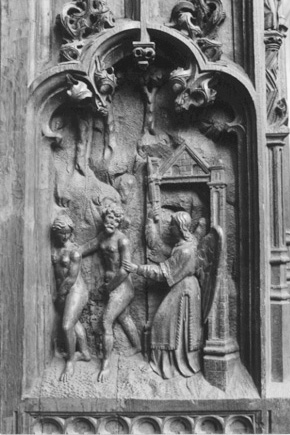 Koorbanken, detail: paneel met Adam en Eva die door een engel uit het paradijs worden verjaagd