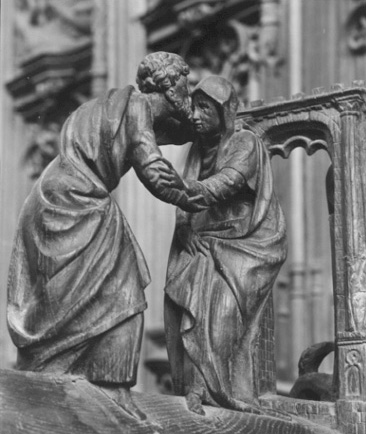 Koorbanken, detail: ontmoeting van Joachim en Anna bij de Gouden Poort