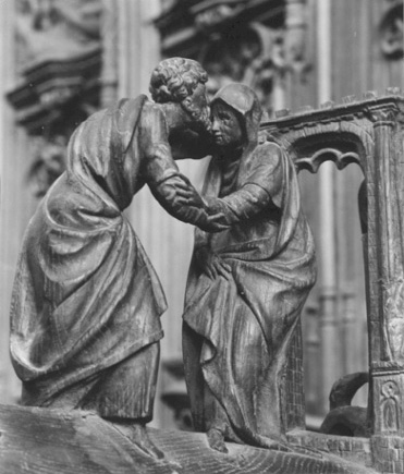 Koorbanken, detail: ontmoeting van Joachim en Anna bij de Gouden Poort