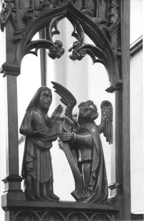 Koorbanken, detail: Annunciatie