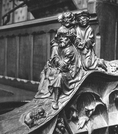 Koorbanken, detail: knop met Jacob die de twaalf stammen van Israel zegent (detail)