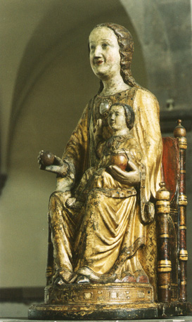 Tronende Moeder Gods met appel in beide handen en zegenend Christuskind op linkerknie (in kleur)
