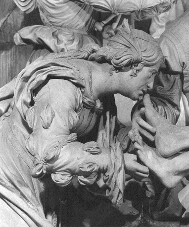 Christus wordt neergelegd na kruisafneming, detail: Maria Magdalena