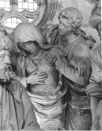 Christus wordt neergelegd na kruisafneming, detail: flauwvallende Maria met Johannes