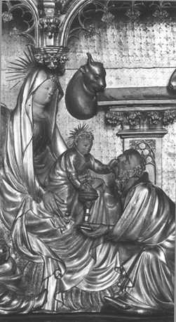 Retabel, Aanbidding van de Wijzen, detail: Melchior knielt voor Maria en Christuskind