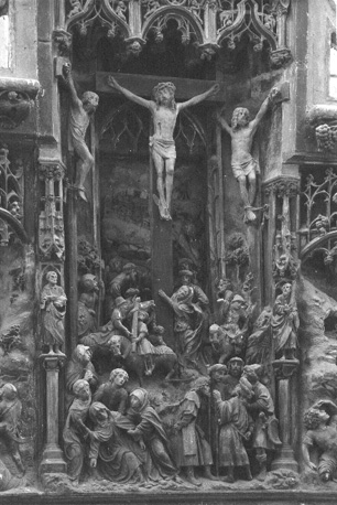 Retabel, detail: kruisiging van Christus, Calvariegroep