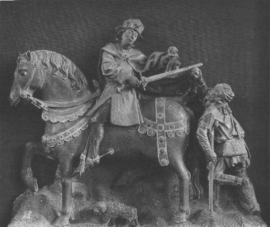 De heilige Martinus op zijn paard deelt zijn mantel met een kreupele