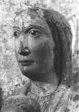 Tronende Moeder Gods, detail: hoofd van Maria