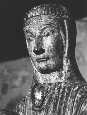 Tronende Moeder Gods (Sedes Sapientiae), genoemd Notre-Dame de Vauclair, detail: hoofd van Maria