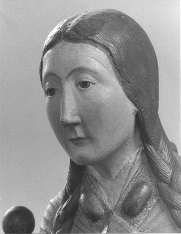 Tronende Moeder Gods, detail: hoofd van Maria