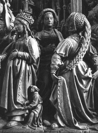 Hoofdaltaar, Mariaretabel: Huwelijk van Maria, detail: Maria (links)