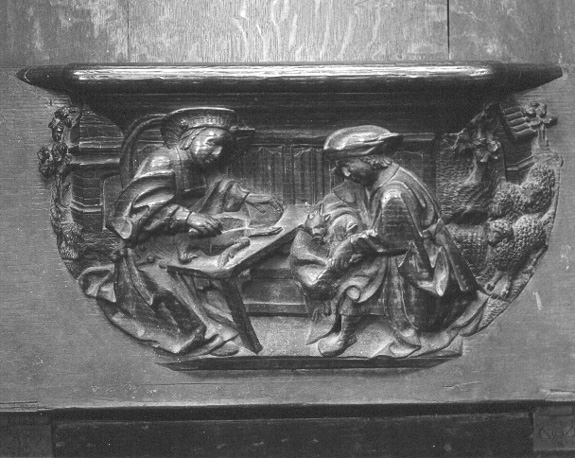 Koorbanken, detail: misericorde met Rebecca die een smakelijke schotel maakt voor Isaac
