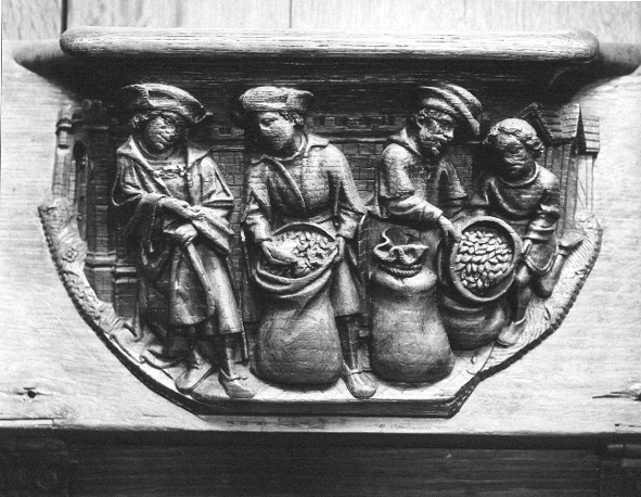 Koorbanken, detail: misericorde met Joseph die beveelt iedereen zijn zilver terug te geven in zak